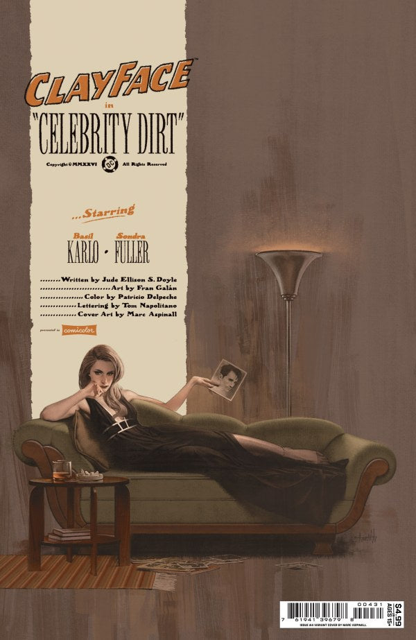 Comic book cover for Clayface 'Celebrity Dirt' featuring an illustrated woman reclining on a green couch in a dimly lit room, with title text on the left and a barcode at the bottom right.