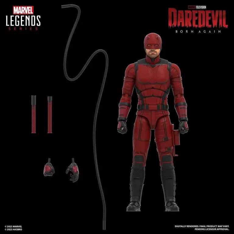 Marvel Legends Daredevil action figure with accessories on a black background