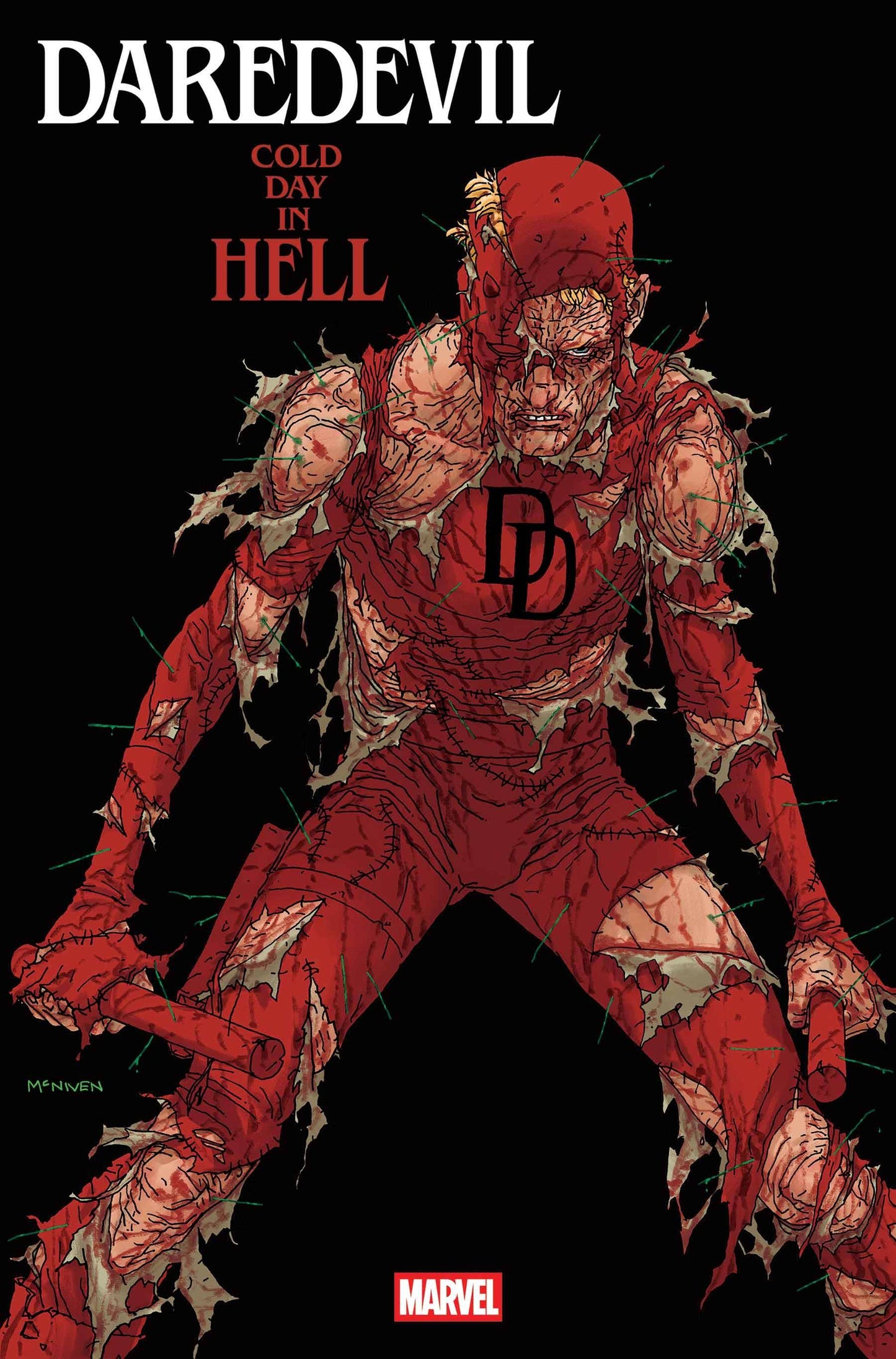 Comic book cover featuring a character in a red suit with 'Daredevil' branding on a black background.