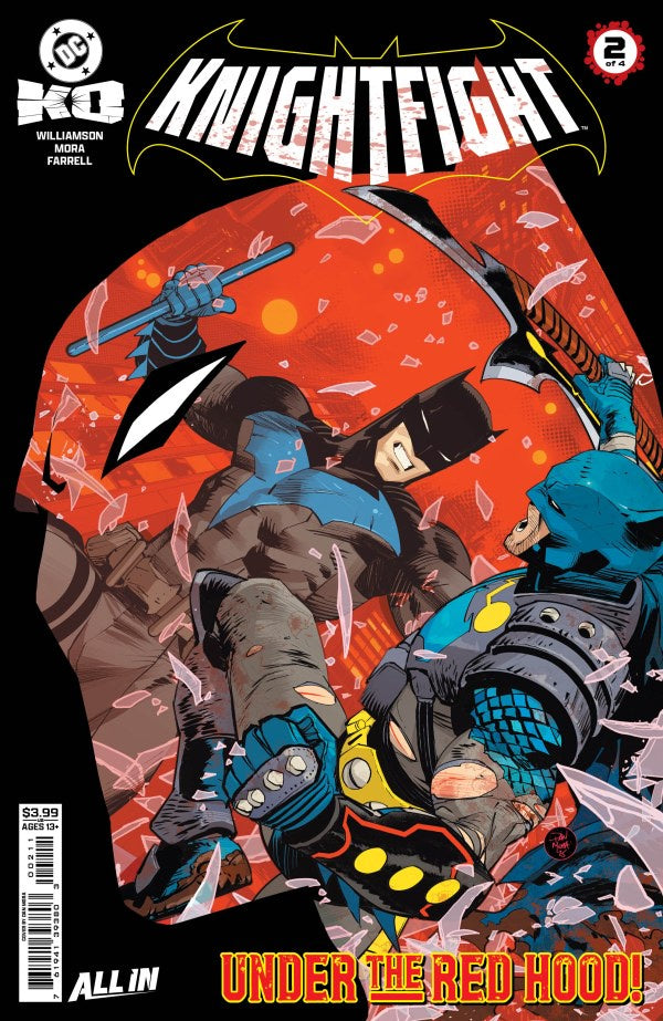 Comic book cover featuring characters in a dynamic pose with a red and orange background.