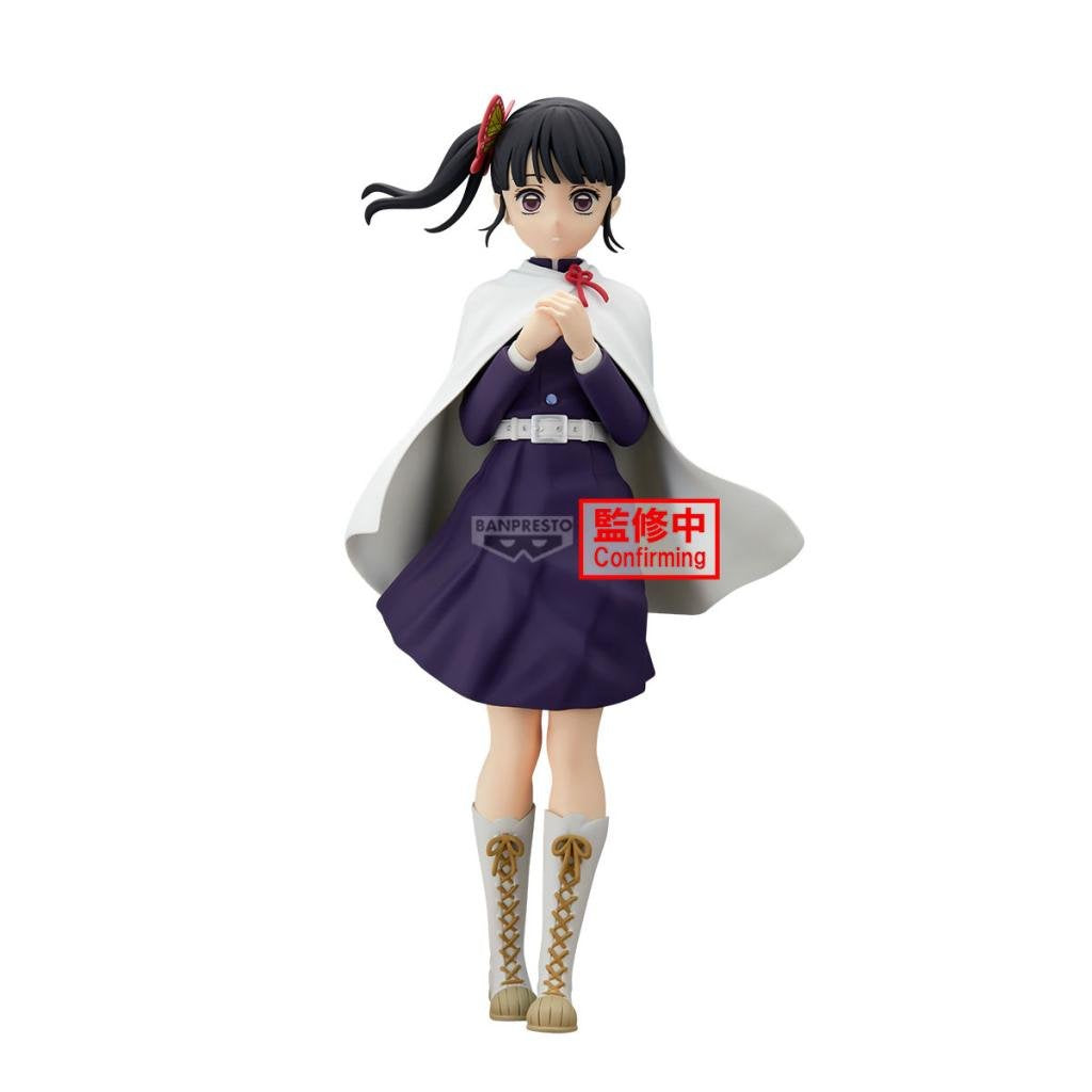 Anime character figurine with a white and purple outfit on a white background