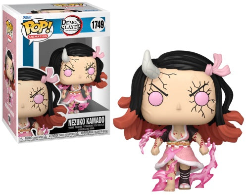 A Funko Pop! Animation figurine of Nezuko Kamado from Demon Slayer in her demon form, with a pink and black outfit and holding a sword.