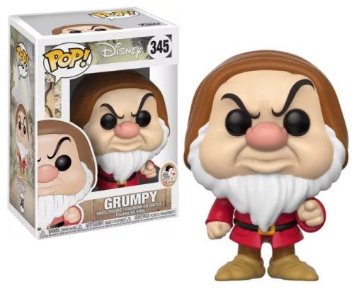 A Funko POP vinyl figure of Grumpy from Disney's Snow White and the Seven Dwarfs, wearing a red and gold outfit.