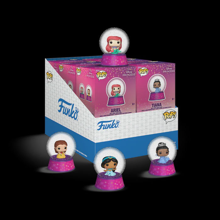 Funko Pop! Disney Princess figurines in front of a Funko branded display box.