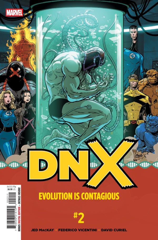 Marvel's DNX #2 comic book cover featuring a central cyan-green creature inside a glass jar, surrounded by various comic characters on a red and blue background with large yellow 'DNX' lettering.