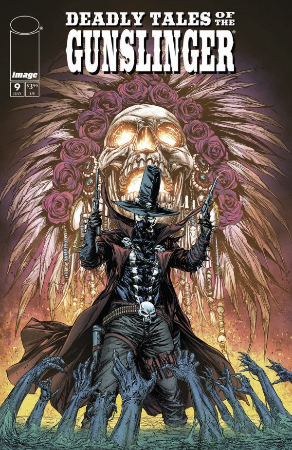 Comic book cover of 'Deadly Tales of the Gunslinger' featuring a skeleton with feathers and guns.