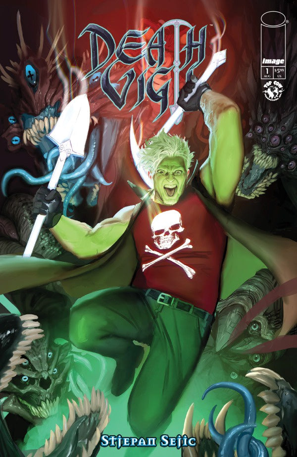 Comic book cover for Death Vigil #1 by Stjepan Sejic, featuring a green-skinned character in a red shirt with a skull-and-crossbones graphic, surrounded by monstrous creatures in a dark, dramatic scene.