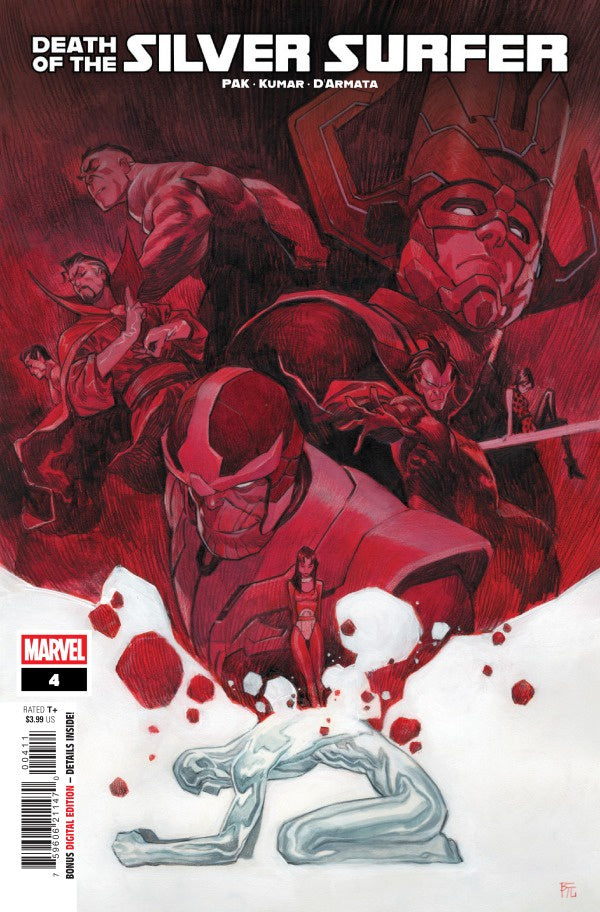 Comic book cover of 'Death of the Silver Surfer' with red and white color scheme