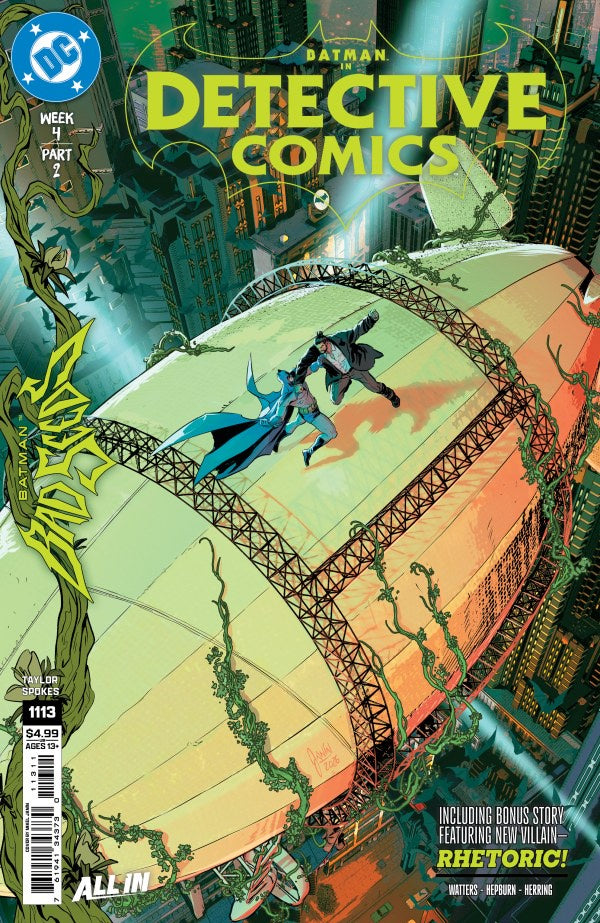 Comic book cover for Detective Comics issue 1113, featuring Batman and Robin flying over a large dome in a detailed illustrated city scene. The DC logo is visible in the top left, with the title 'Detective Comics' in large yellow-green text at the top.
