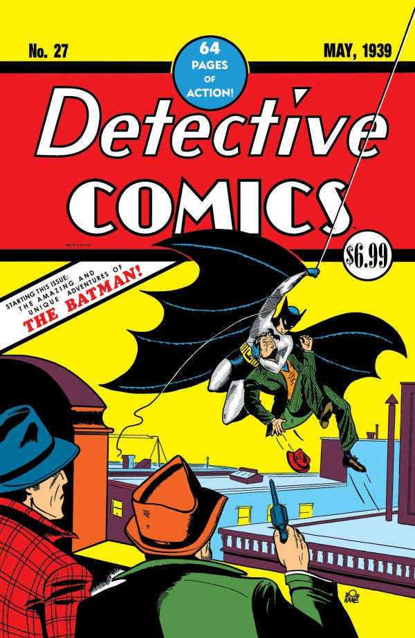 Vintage comic book cover for Detective Comics No. 27, May 1939, featuring Batman swinging in from his cape above a city scene, with two detectives in the foreground and bold red, yellow, blue, and white cover design.