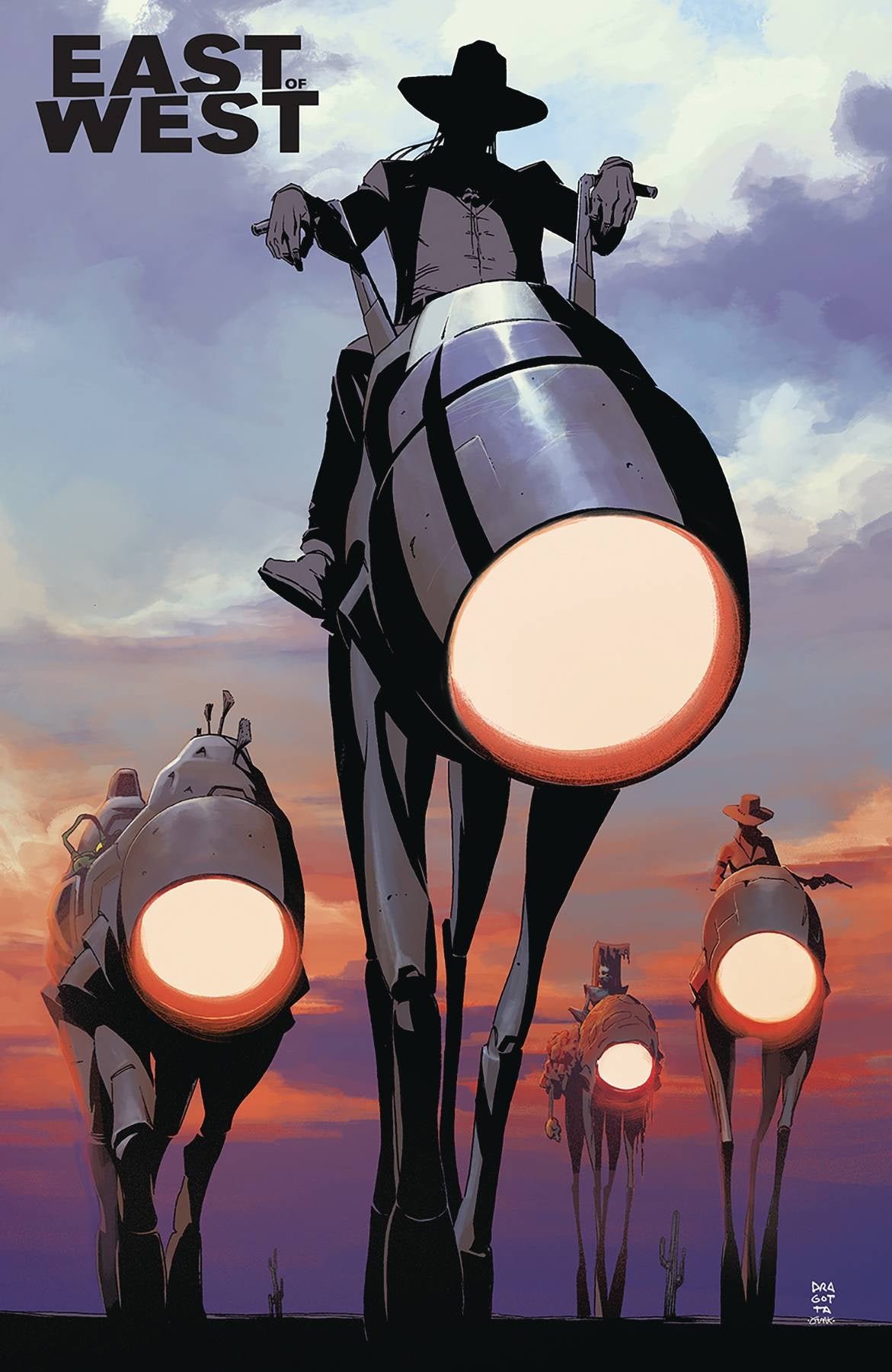 Cover of 'EAST OF WEST END TIMES COMPENDIUM TP' featuring artistic rendering of characters on horses with a steampunk influence, set against a sunset sky.