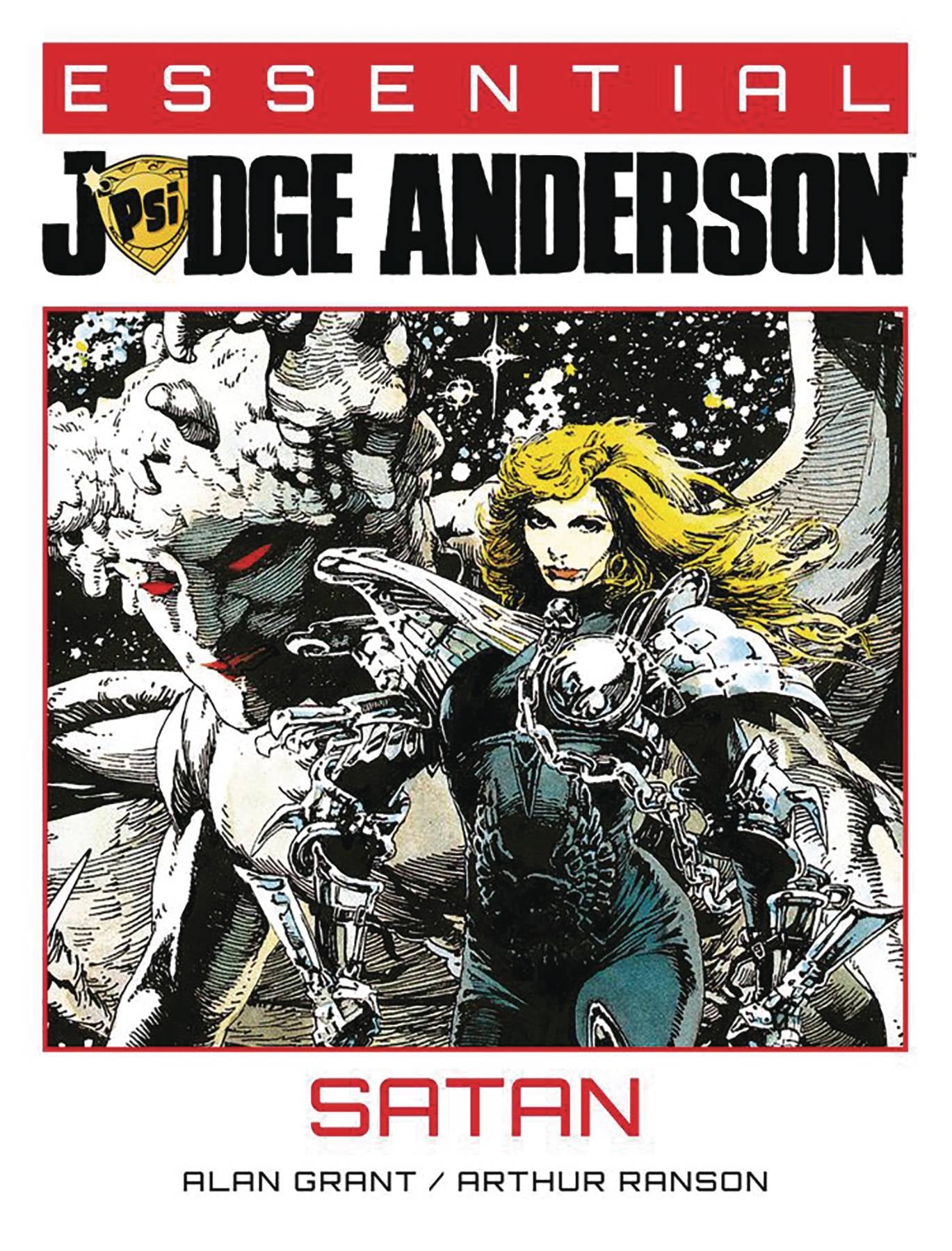 Cover of 'Essential Judge Dredd Anderson: Satan' with artwork of a woman and skeleton on a white background.