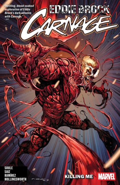 Comic book cover featuring Eddie Brock as Carnage with dynamic pose and red and black color scheme.