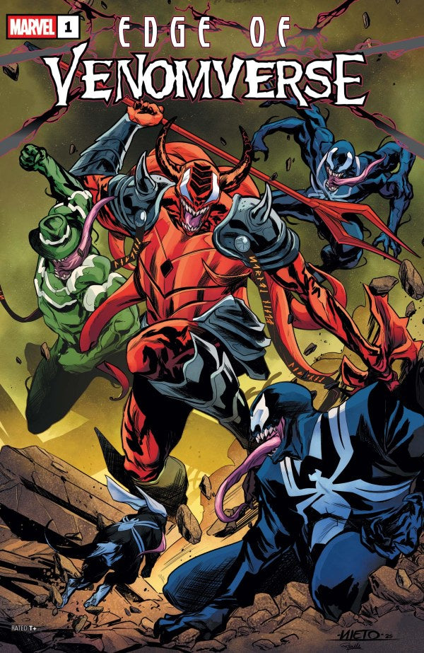 Comic book cover featuring characters from 'Edge of Venomverse' with vibrant colors and dynamic poses.