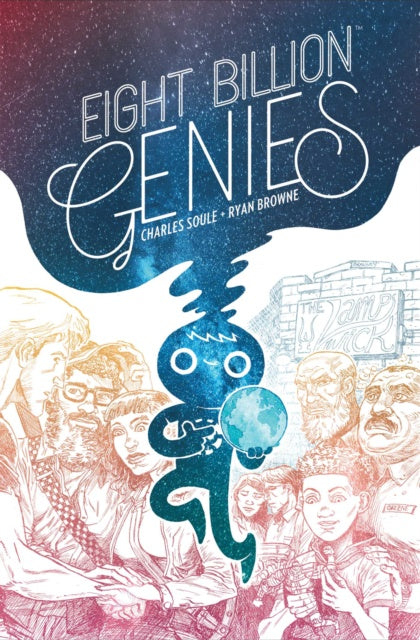 Book cover of 'Eight Billion Genies' with a blue genie figure and people in the background.