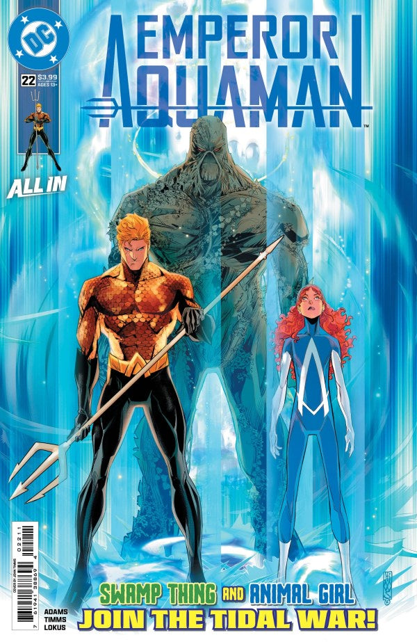 DC Comics Emperor Aquaman #22 comic book cover featuring Aquaman in black and gold armor holding a trident, a large sea monster in blue water behind him, and a woman in a blue swimsuit to his right. The title 'EMPEROR AQUAMAN' appears prominently at the top, with issue number 22 and DC branding visible.