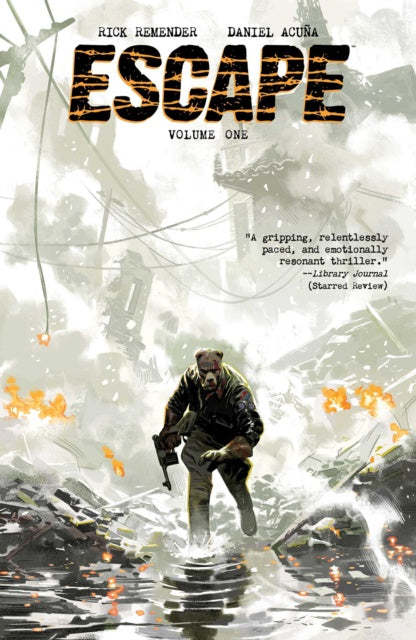 Comic book cover titled 'Escape Volume One' with a character wading through water amidst destruction.