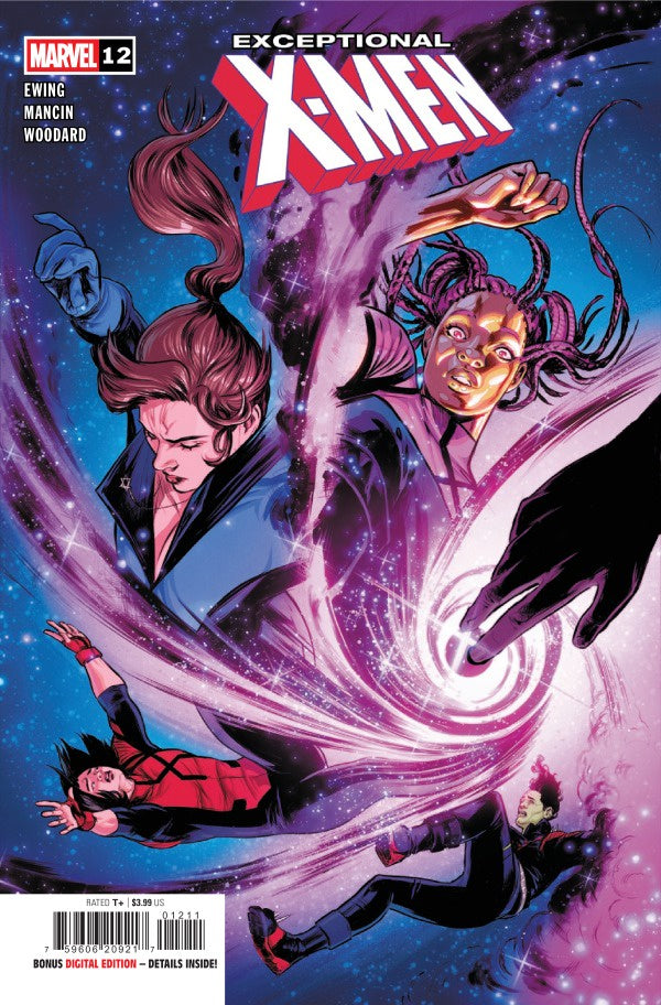 Comic book cover of 'Exceptional X-Men' featuring characters in action with a cosmic background.