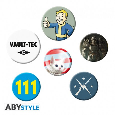 A collection of six Fallout-themed badges, featuring iconic symbols and a stylized cat wearing a top hat.
