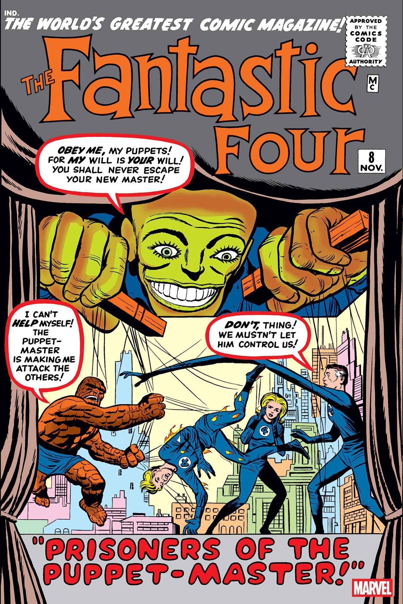 Comic book cover of 'The Fantastic Four' with a puppet master and characters in blue suits.