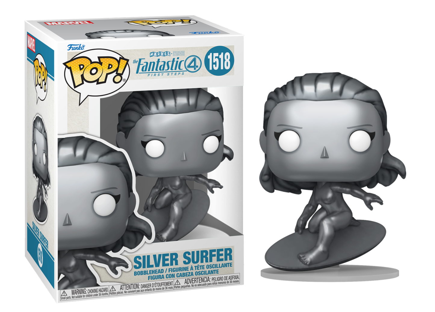 Silver Surfer figure in silver on a surf board pop