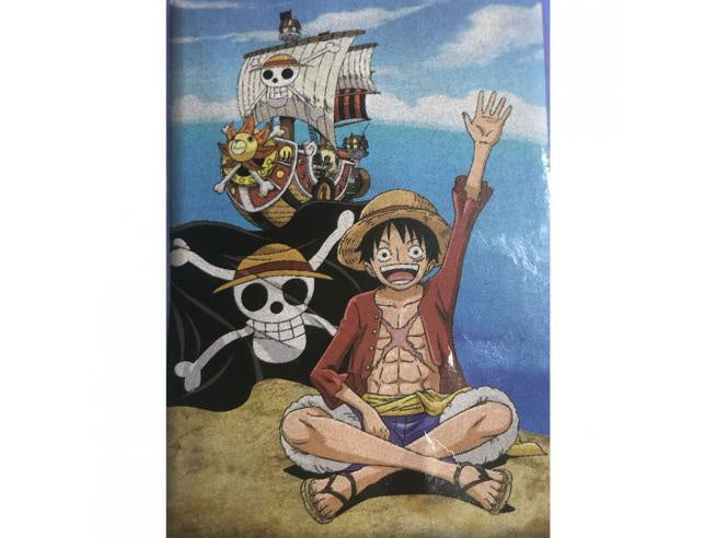 A fleece blanket featuring characters from the anime One Piece, with a design that includes the main character Luffy, and the straw hat pirate crew.