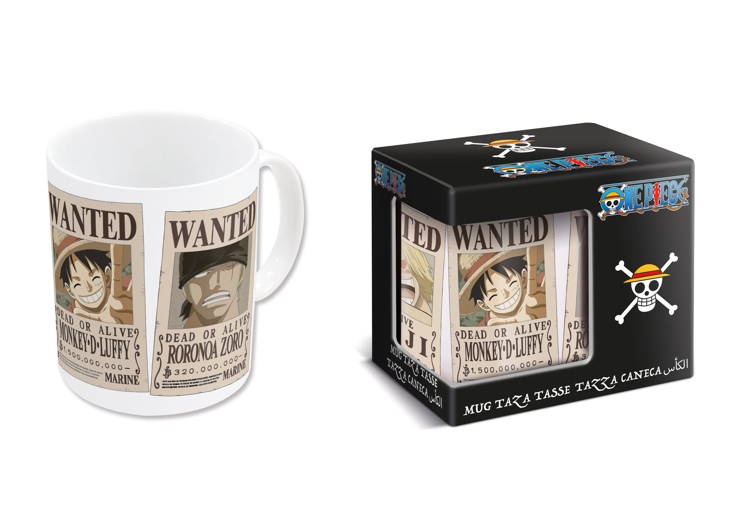 A white ceramic mug with 'Wanted' text and illustrations of characters from the anime series ONE PIECE on it, alongside its packaging box with the same design.