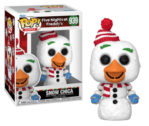 The image shows a 'Five Nights at Freddy's' themed collectible figurine. The figurine is dressed as a snowman with a red and white striped hat and a friendly expression.