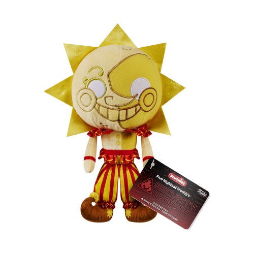 A Funko plush toy featuring the character 'Sun' from the game 'Five Nights at Freddy's: Security Breach', dressed in a costume with a yellow sun design, holding a red card.
