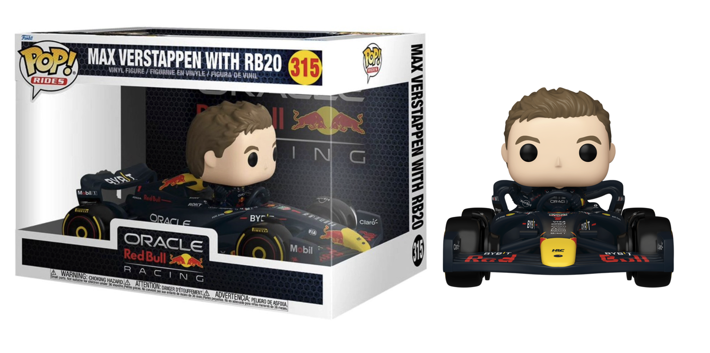 Funko Pop! Max Verstappen with RB20 toy figure and packaging on a white background