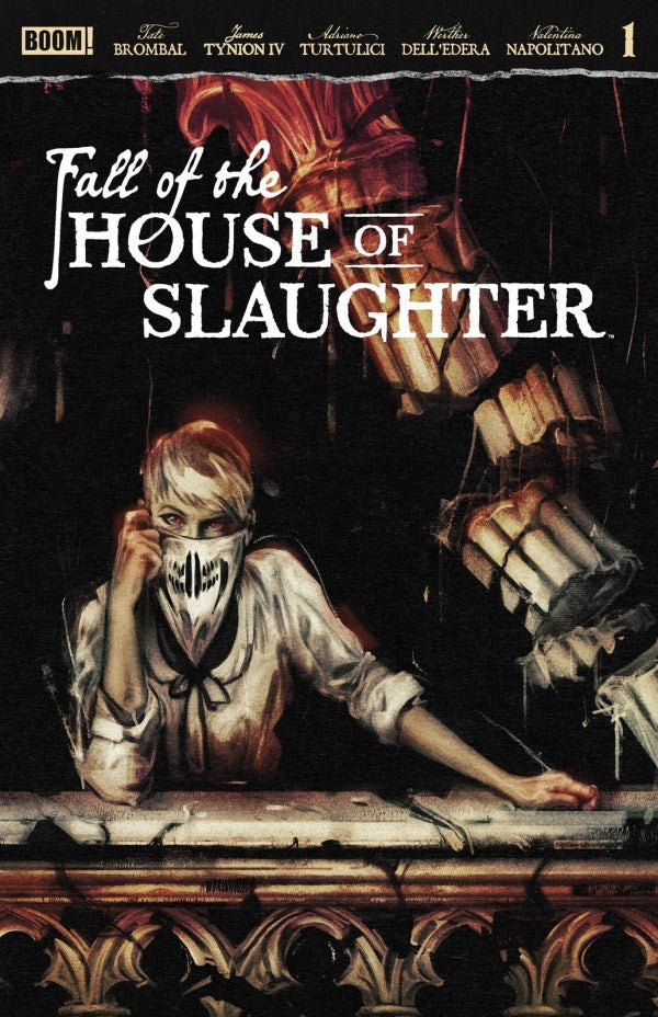 Comic book cover titled 'Fall of the House of Slaughter' with a character in a mask and dramatic text.