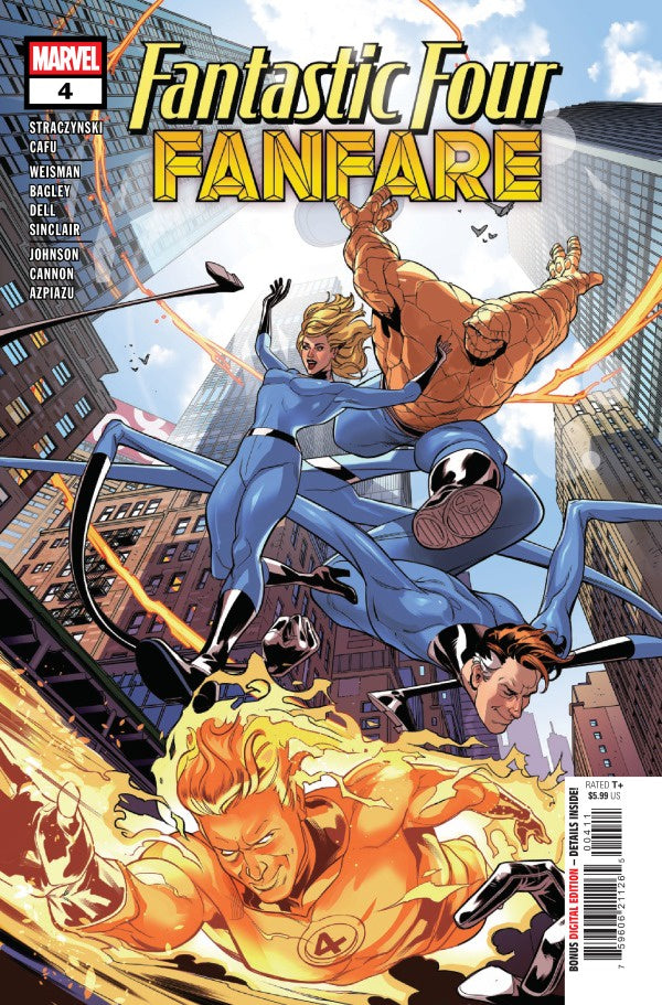 Comic book cover featuring Fantastic Four characters in action against a cityscape.