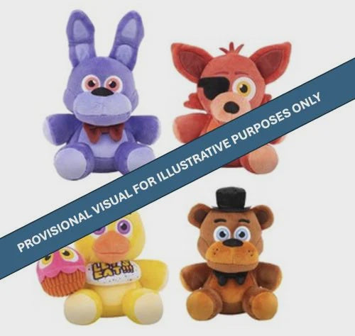 Four plush toy characters arranged on a light gray background with a diagonal blue banner reading 'PROVISIONAL VISUAL FOR ILLUSTRATIVE PURPOSES ONLY.' The toys resemble stylized animatronic/fictional character plushies: a purple bunny, a red fox with an eye patch, a yellow duck-like figure holding a cupcake, and a brown bear wearing a black top hat and bow tie.