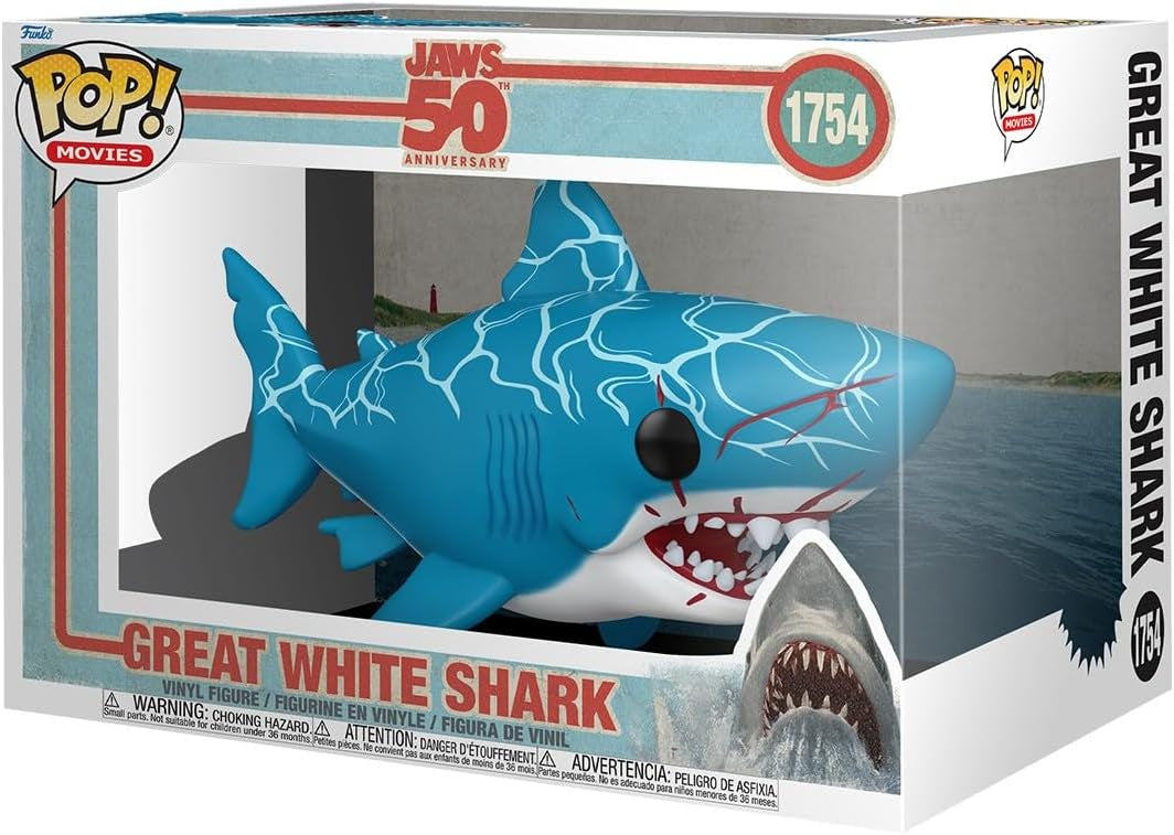 Funko Pop! vinyl figure packaging of a great white shark with 'Jaws' branding.