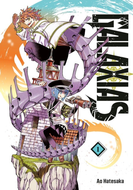 Manga book cover with two characters on a platform, featuring the title 'Galaxas' and artist's name.