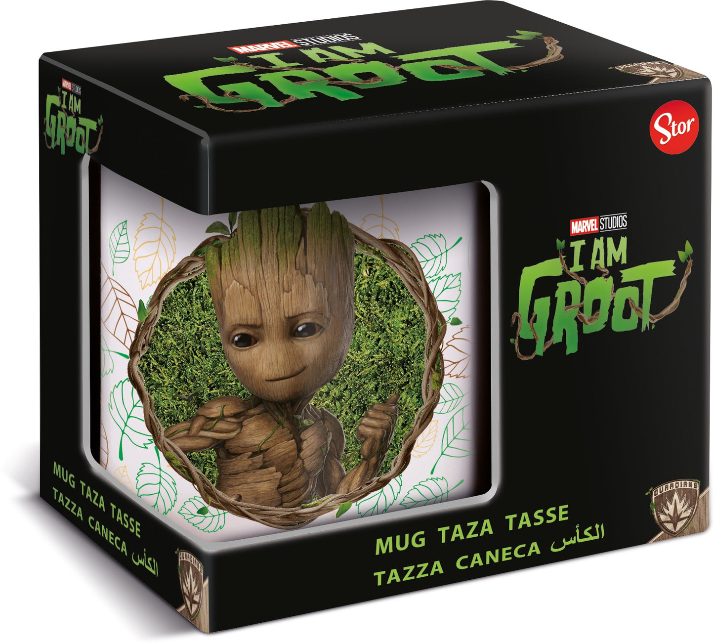 Packaged ceramic mug featuring an image of Groot from Marvel's I am Groot, in a black and white box with the character's name.