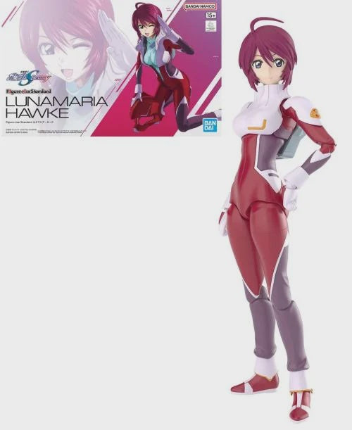 GUNDAM Figure-rise model kit of Lunamaria Hawke, showing the assembled and painted figure, along with the packaging.