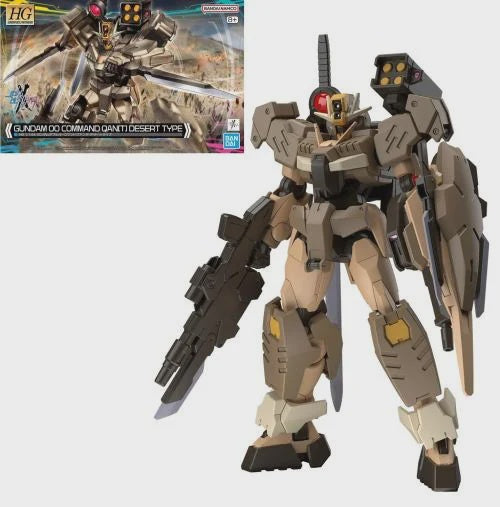 A plastic model kit of the Gundam 00 Command Quan(T) Desert Type from the GUNDAM series, displaying the assembled and painted model in various poses.