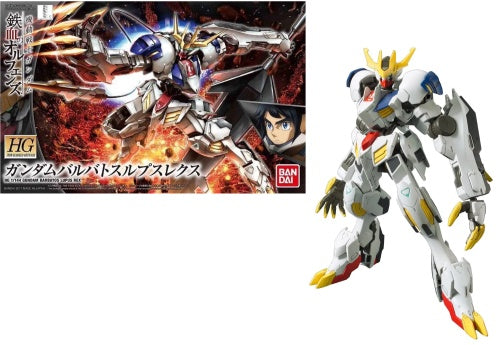 Product image for a 1/144 scale model kit of the Gundam Barbatos Lupus Rex, showing the assembled and painted model, along with the packaging artwork.