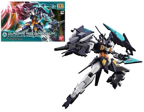 Gundam Age 2 Magnum model kit, showing the assembled and painted model along with the packaging box.