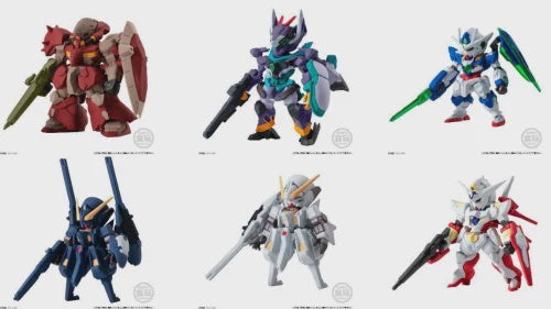 2.3-inch tall articulated Mobile Suit figures with display stands and accessories. Series 29 features Mobile Suits from a variety of source materials, including newest series GQuuuuuux, 00 Gundam, and the Mobile Suit Gundam: Hathaway film.