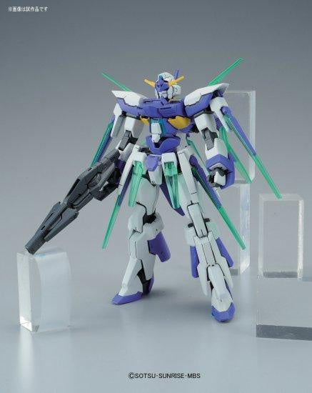 Model kit of a robot with purple and green accents on a gray background