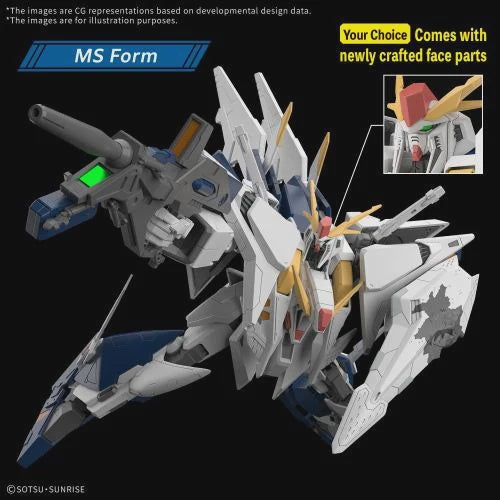 A Gundam-style mecha model kit labeled 'MS Form' on a black background, with promotional text and a small inset showing a customized face part option. The product is primarily white and gray with blue, gold, and small red accents.