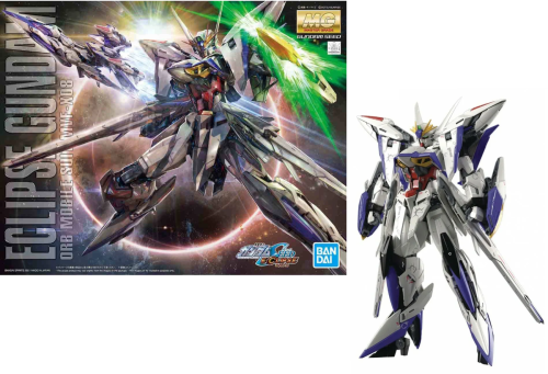 Eclipse Gundam model kit with packaging and toy figure on a white background