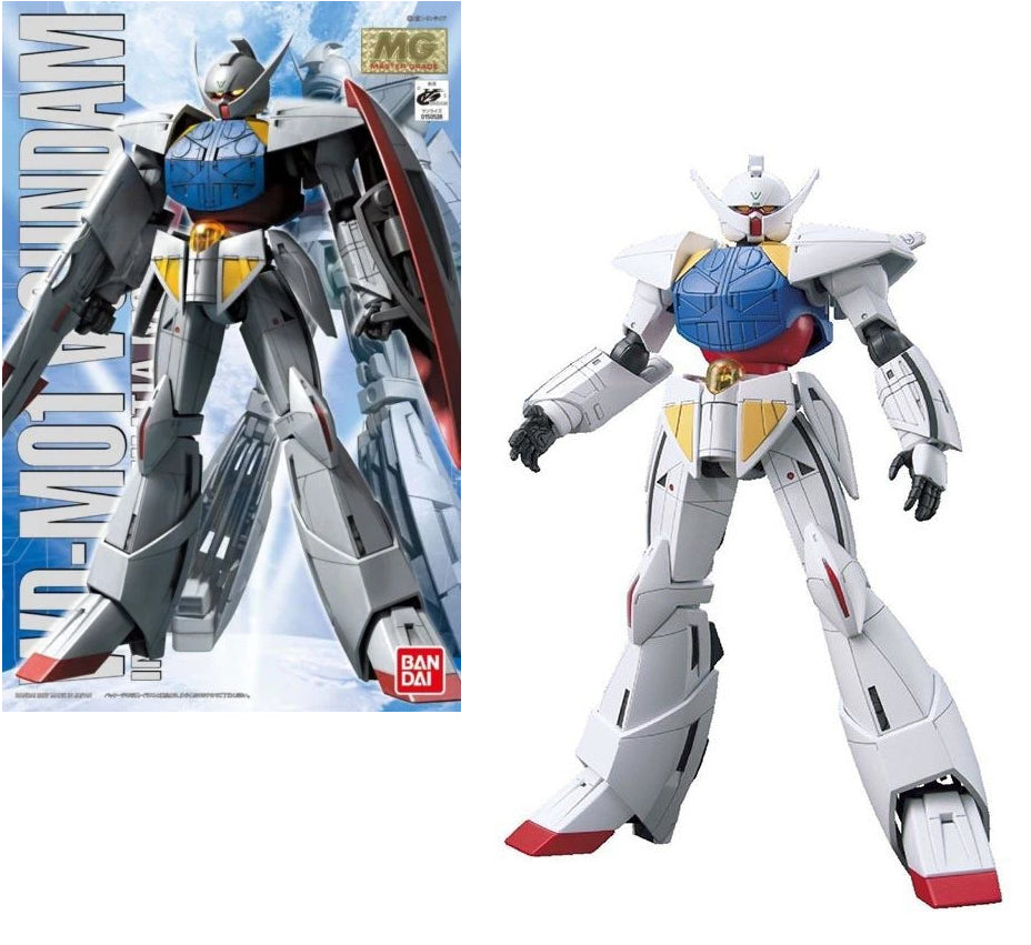 Model kit of a robot with a box in the background, featuring Bandai branding.