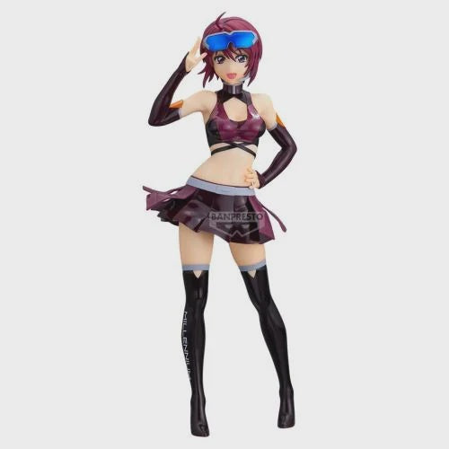 Action figure with purple outfit and black stockings on a white background