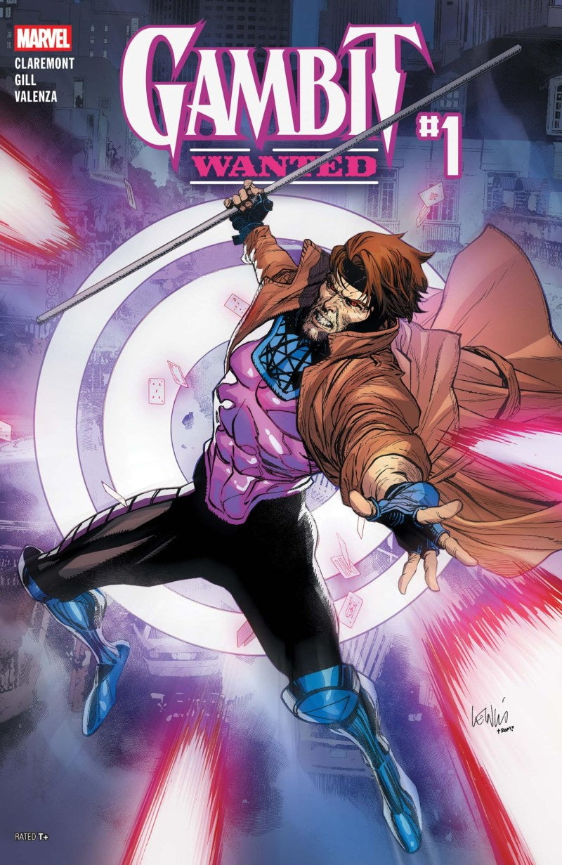 Comic book cover for Marvel's Gambit Wanted #1, featuring the character Gambit in a dynamic action pose with a sword and a brown coat, set against a stylized city background with red and white energy effects.