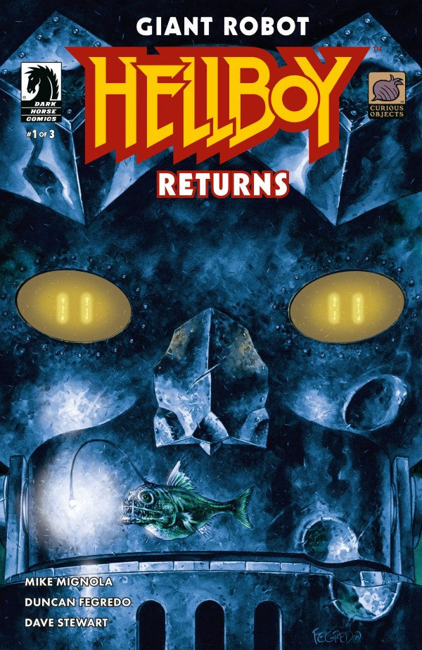 Comic book cover titled 'Giant Robot Hellboy Returns' with a dark, sci-fi theme.