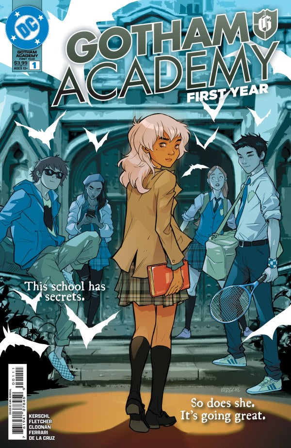 Comic book cover of 'Gotham Academy First Year' with characters and text.