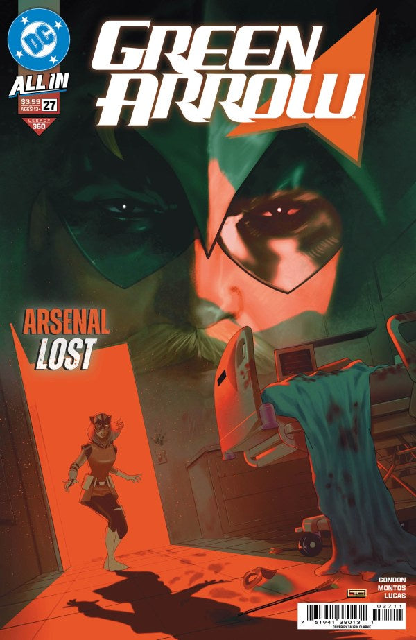 Comic book cover of Green Arrow with a character in a red outfit and a green hood.